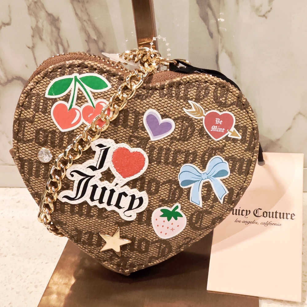 Juicy Couture Brown Monogram Heart-Shaped Wristlet with Gold Chain NWT